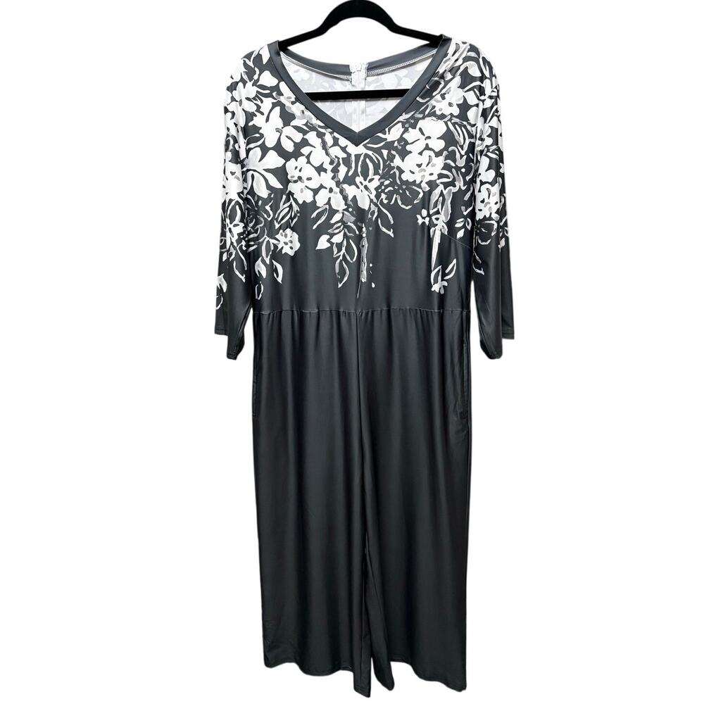 NWOT-XL-Boho Black & White Floral Contrast Wide-Leg Jumpsuit